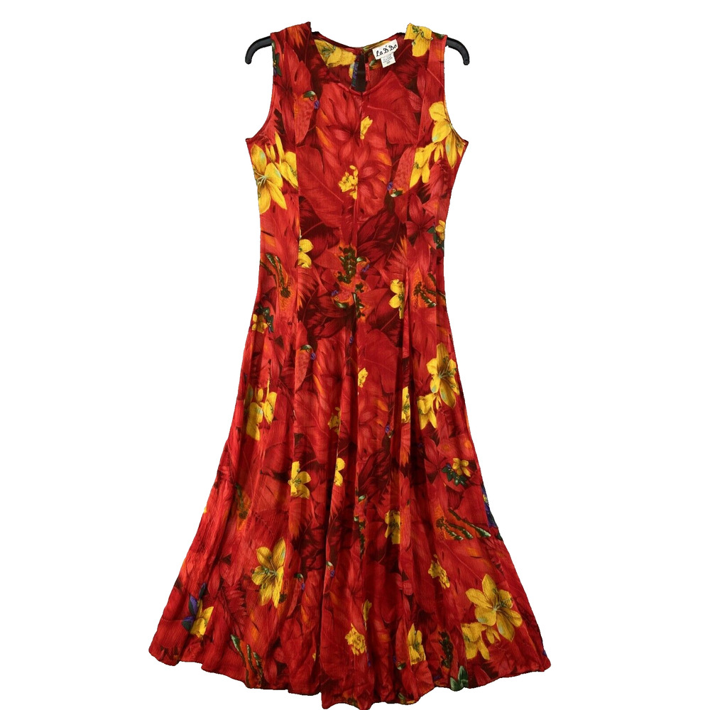 La D'Da‎ Vintage Dress M Red Floral Rayon Maxi Summer Sleeveless Fairy Festival